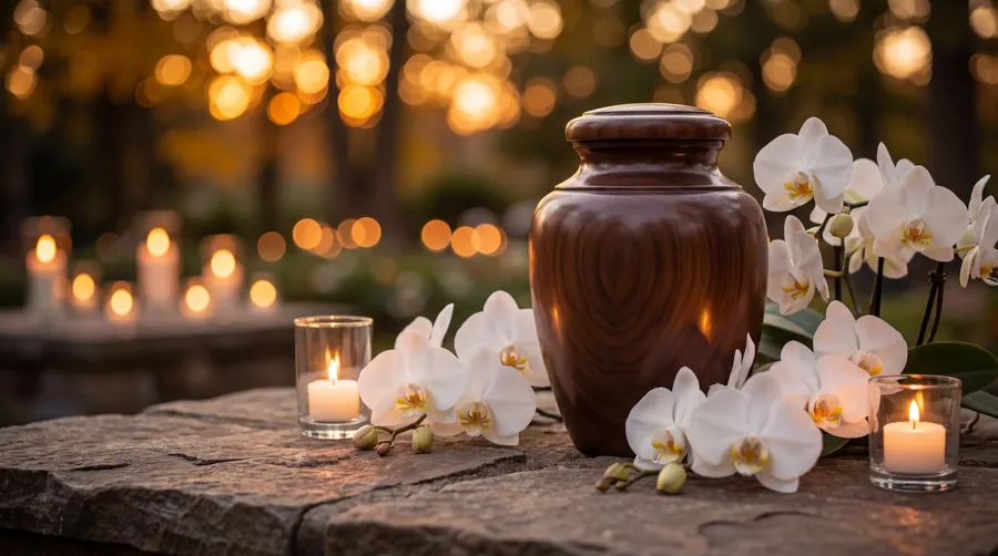 Holzurne zwischen weißen Orchideen