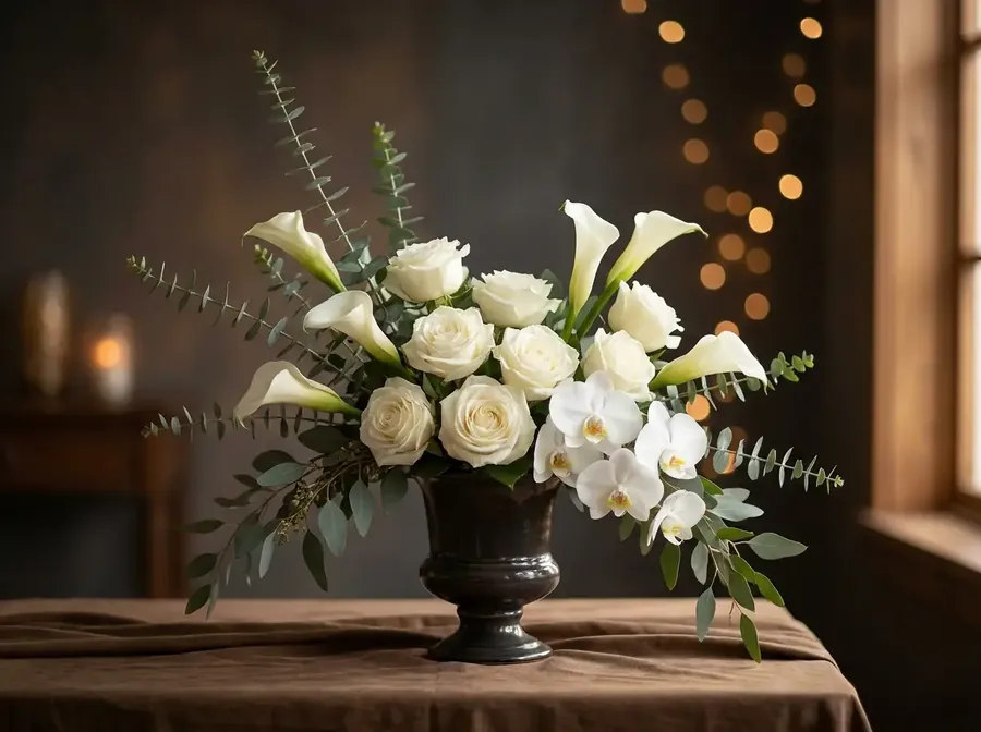Weiße Rosen und Calla in einer Vase im warmen Licht